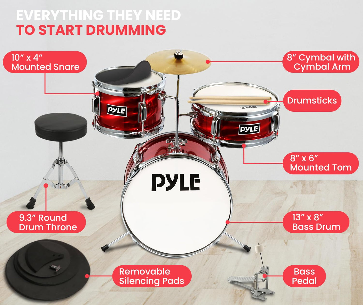 Pyle Kids Drum Set, 3 Piece Beginner Junior Drummer Kit with 13" Bass Drum, Snare, Tom, Cymbal, Adjustable Throne, Mutes, Drumsticks, Red