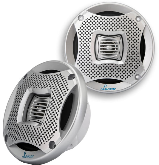 Lanzar 6.5 Inch Marine Speakers - 2 Way Water Resistant Audio Stereo Sound System with 400 Watt Power, Attachable Grills and Resin Treatment for Indoor and Outdoor Use - 1 Pair - AQ6CXS (Silver)