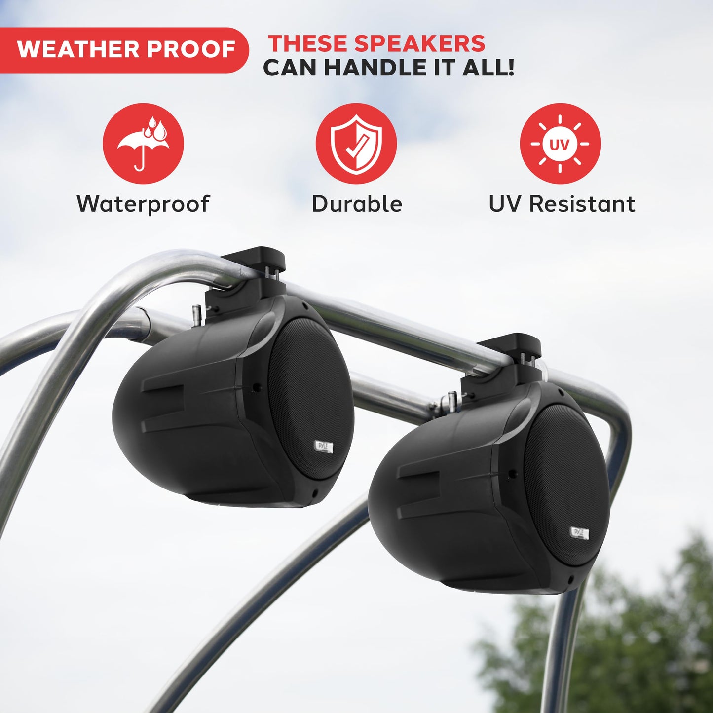 Pyle 6.5 Inch Dual Marine Speakers-2 Way IP44 Waterproof, Weather Resistant Outdoor Audio Stereo Sound System with 200 Watt Power and Poly Mica Cone and Butyl Rubber Surround-1 Pair - PLMRB85 (Black)