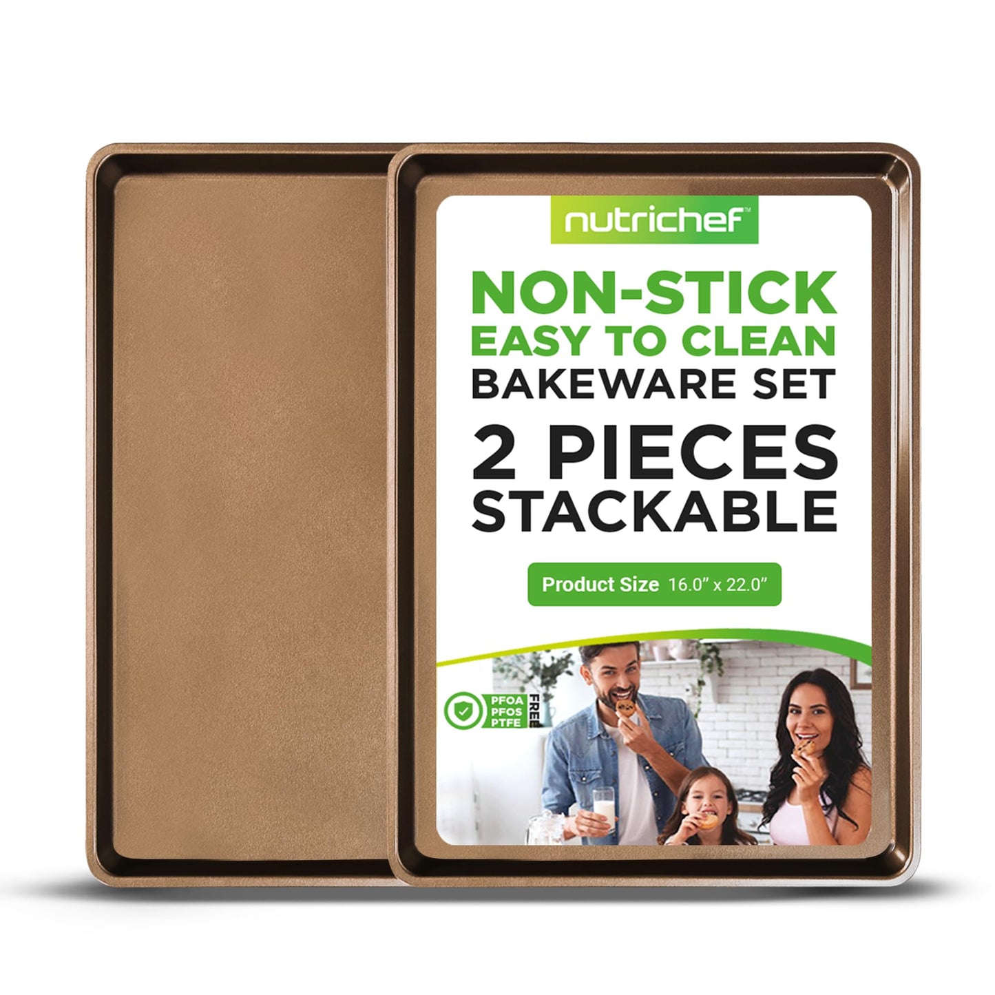 NutriChef 2-Piece Nonstick XL Cookie Sheets for Baking - 22" x 16" Extra Large Carbon Steel Oven Baking Trays - Non Stick Coating, Stackable Baking Pans, NCLGBP28
