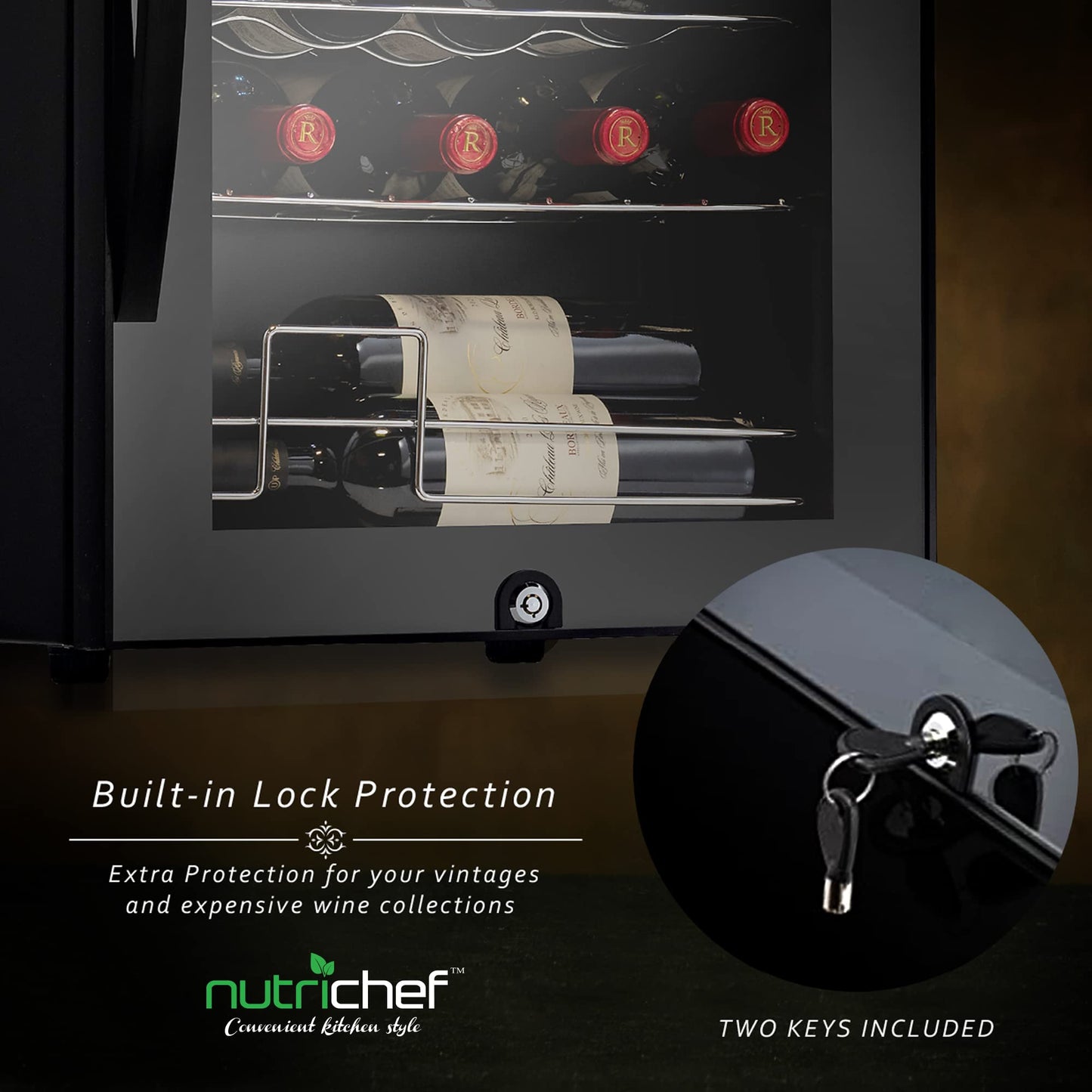 NutriChef PKCWCDS285 28 Bottle Fridge | Dual Zone Chiller | Adjustable Temperature 41°F to 64°F | Ultra Quiet Operation | Wine Cooler for Home, & Office | Free Standing 33x16x17 in (Black)