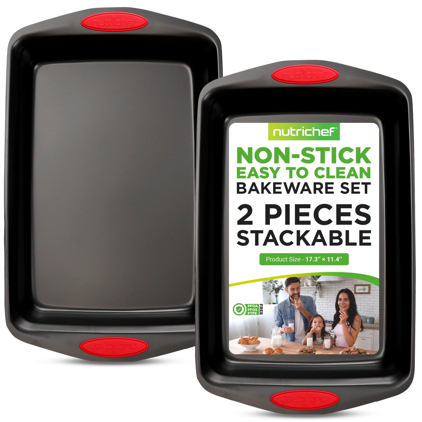 NutriChef 2-Piece Nonstick Baking Pan Set – Carbon Steel Cookie Sheet w/Red Silicone Grip Handles – Durable, Heavy-Duty Bakeware for Even Heat Distribution – Oven Safe, Easy Cleanup – Black