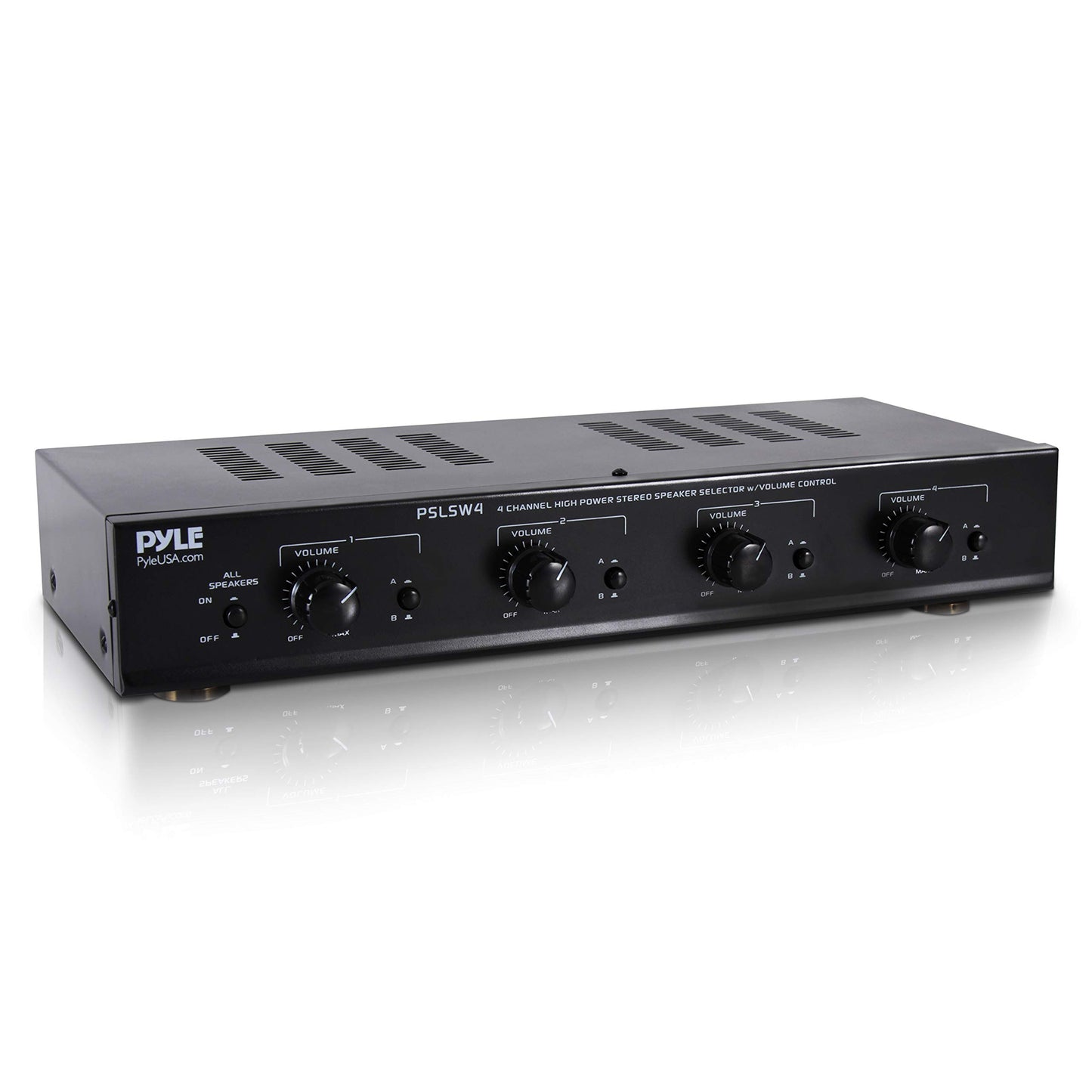 Pyle 4 Channel Speaker Selector Switch - Multi Zone A B Speaker Distribution Controller Box w/Independent Audio Source Volume Control, Supports Home Theater Stereo Amplifier Receiver System - PSLSW4