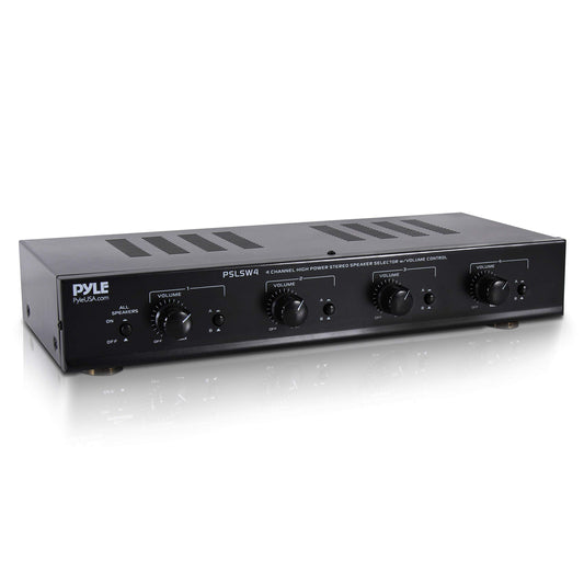 Pyle 4 Channel Speaker Selector Switch - Multi Zone A B Speaker Distribution Controller Box w/Independent Audio Source Volume Control, Supports Home Theater Stereo Amplifier Receiver System - PSLSW4