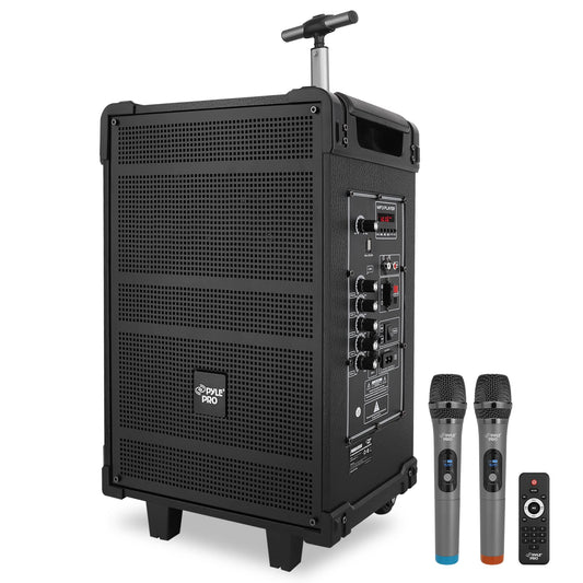 Pyle 10'' Portable Wireless Bluetooth Speaker System - Built-in Rechargeable Battery, Wireless Microphone, USB/Micro SD/FM - 600 Watt FM Radio with Digital LED Display, PWMA1099A,Black