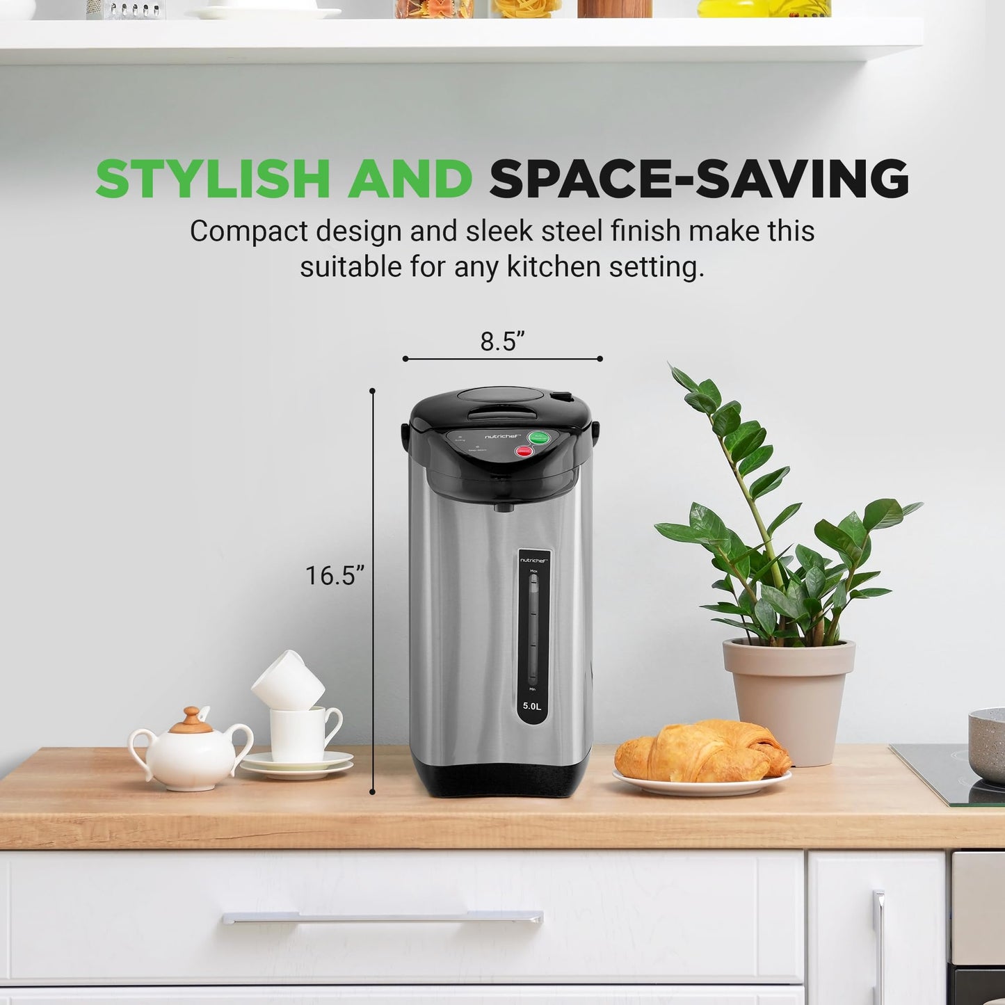 NutriChef 5.2 Qt Electric Water Kettle, Quick Heating, 5 Liter Digital Kettle with 5 Temperature Settings, Safety Lock, Stainless Steel, 3 Dispensing Options, Easy to Clean, 11"x19"x11"