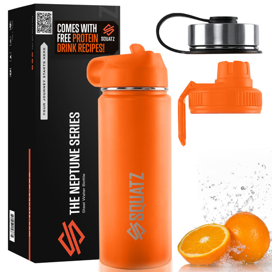 SQUATZ 18 Oz Neptune Series Steel Water Bottle, Stainless Double Wall Vacuum Insulated Flask with Handle Strap, Durable and Elegant Leak Proof Wide Mouth Thermos for Gym, Travel, Hiking, and Camping