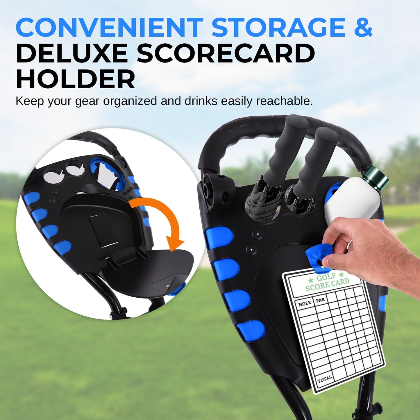 SereneLife Foldable 3-Wheel Golf Push Cart with Ergonomic Handle – Lightweight Aluminum Frame, Quick Fold, Deluxe Scorecard & Cup Holder, Umbrella Storage – Easy to Push & Store – Black Golf Caddy