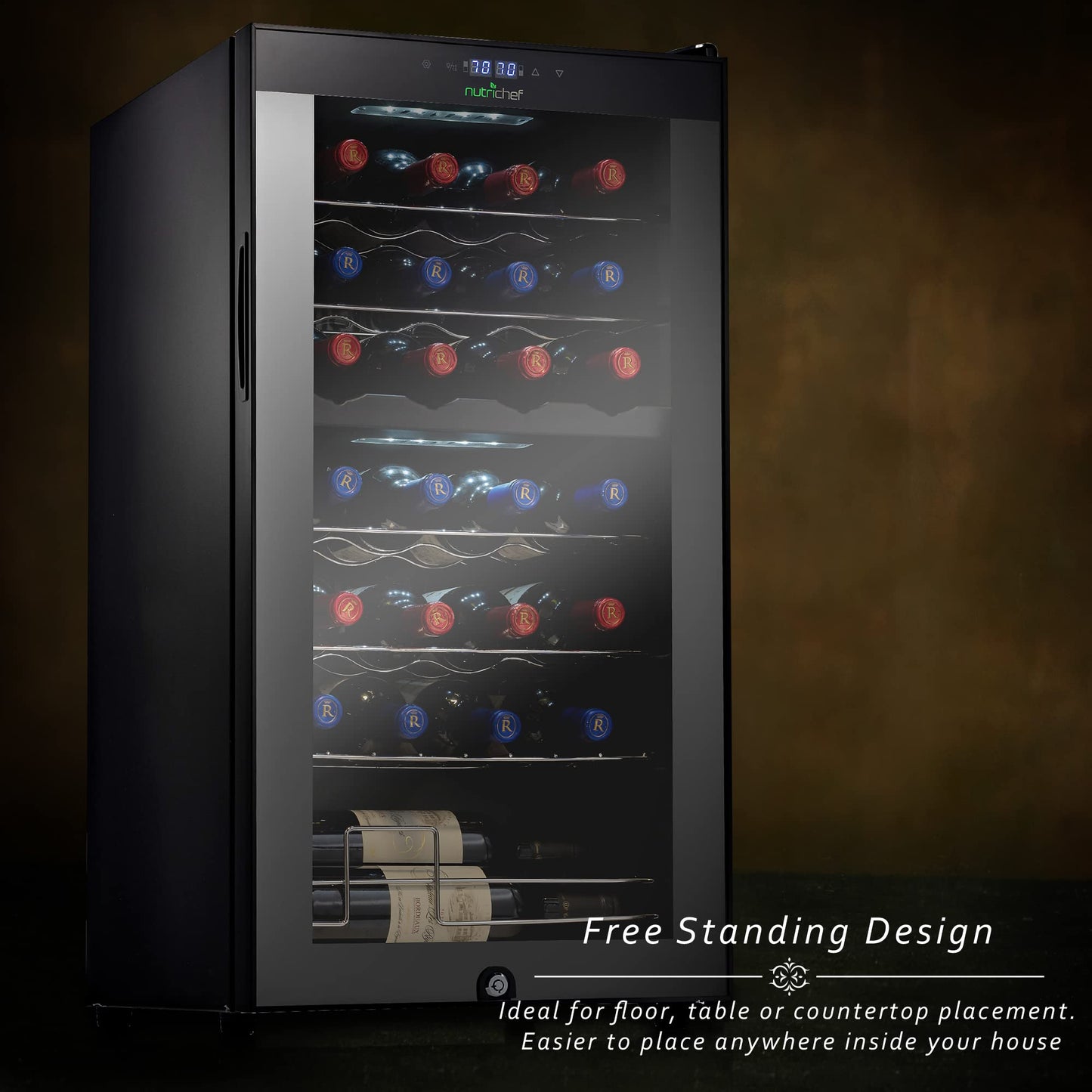 NutriChef PKCWCDS285 28 Bottle Fridge | Dual Zone Chiller | Adjustable Temperature 41°F to 64°F | Ultra Quiet Operation | Wine Cooler for Home, & Office | Free Standing 33x16x17 in (Black)