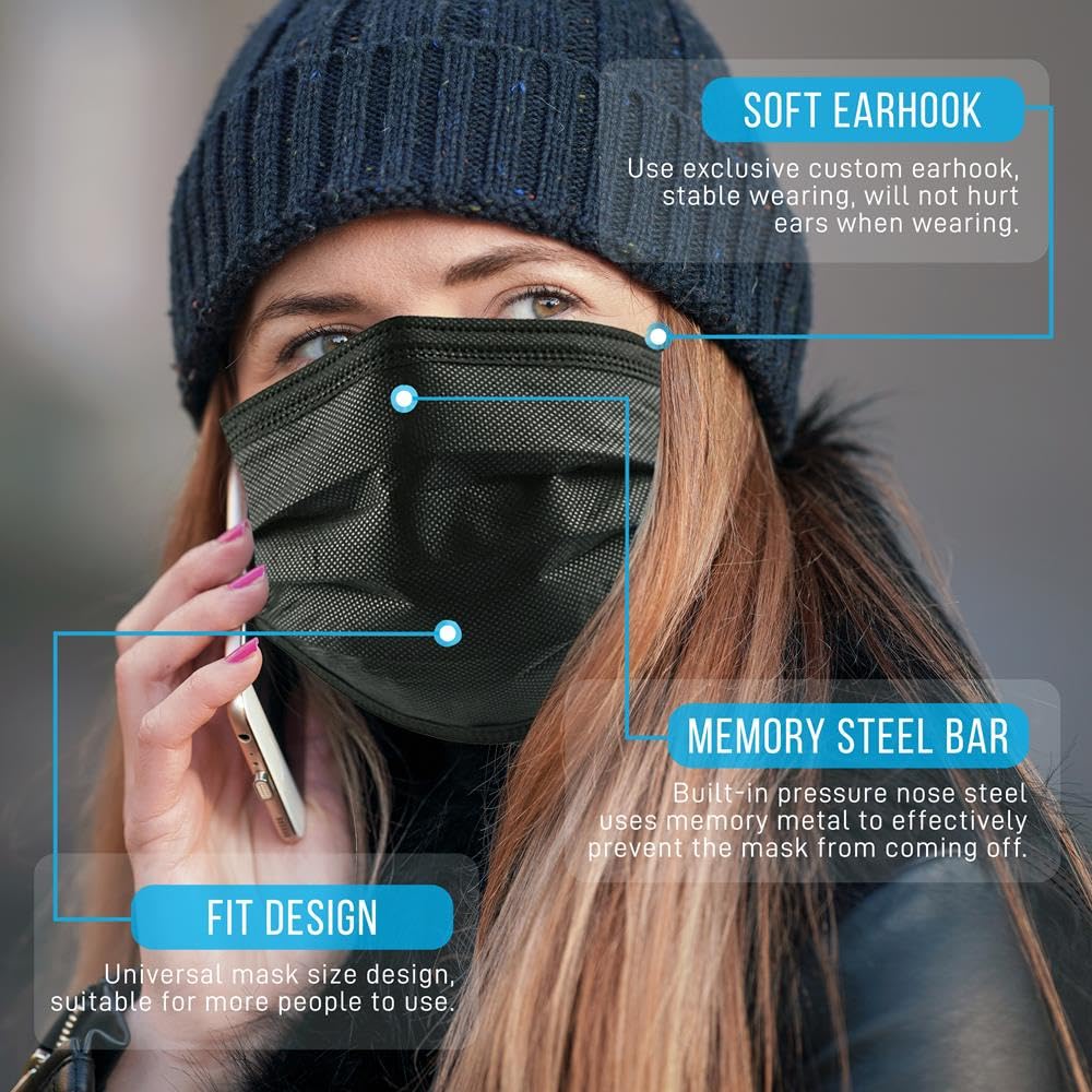 SereneLife 50 Pieces Disposable Face Masks - 3 Layer Protection Breathable Face Masks, For Dust Covering, Made from Non-Woven Fabric, Easy to Use, Disposable, and Single-Use, For Adults (Black)