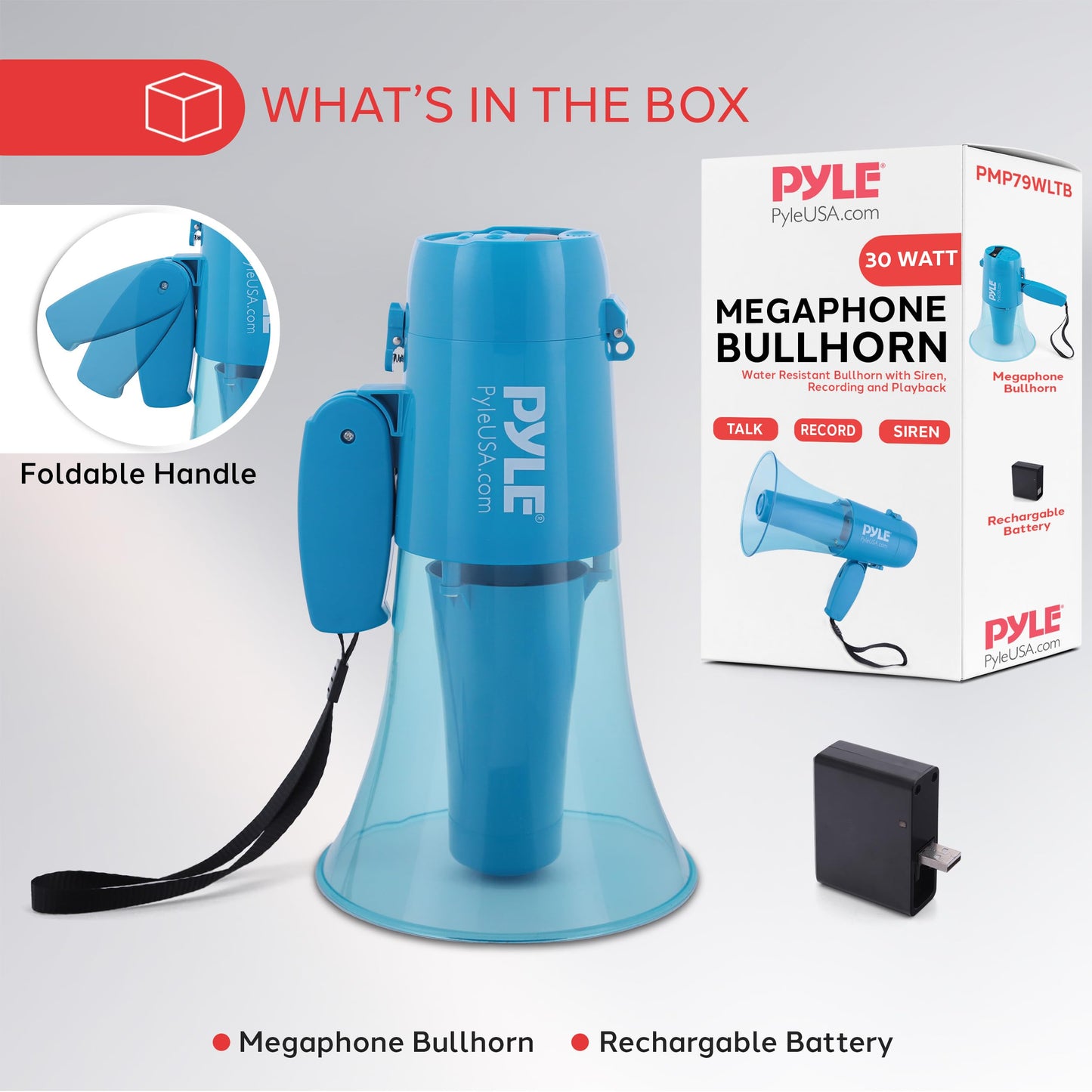 Pyle 30W Megaphone Siren Bullhorn Speaker, Rechargable, Portable and Lightweight Automatic Bullhorn for Indoor & Outdoor Use, 500 Square Yards Projection Range, Used as Siren/Music (Transparent Blue)