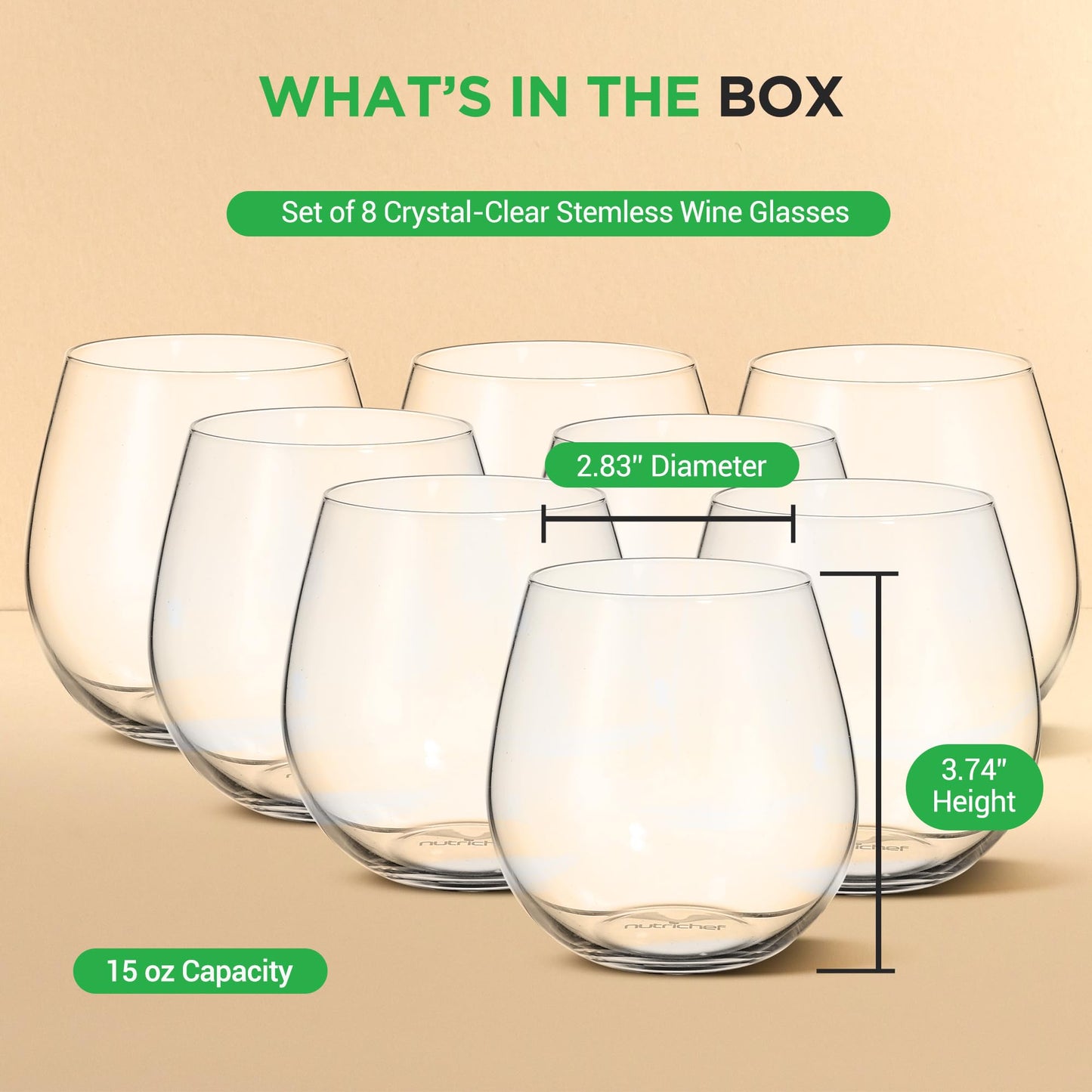 NutriChef Stemless Wine Glasses (Set of 8) 15 Oz, Crystal Clear Red Wine Glasses for Daily Use, Home Bar, Parties, Hosting, Evening Party, Birthdays, Shower, Housewarming Gift