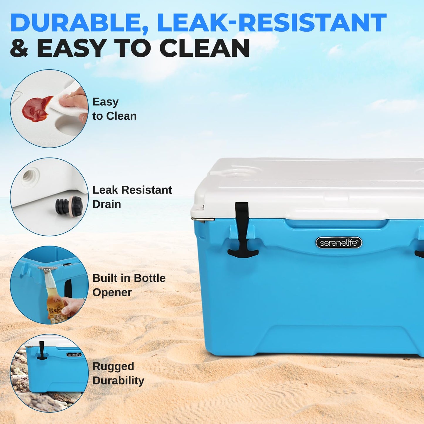 Serenelife 35 Quart Portable Cooler Box - Lightweight Heavy-Duty Travel Ice Cooler with 2-Way Handles, Drain - 5 Days Ice Retention, Holds 63 12-Ounce Cans & 2-liter Bottles (Blue)