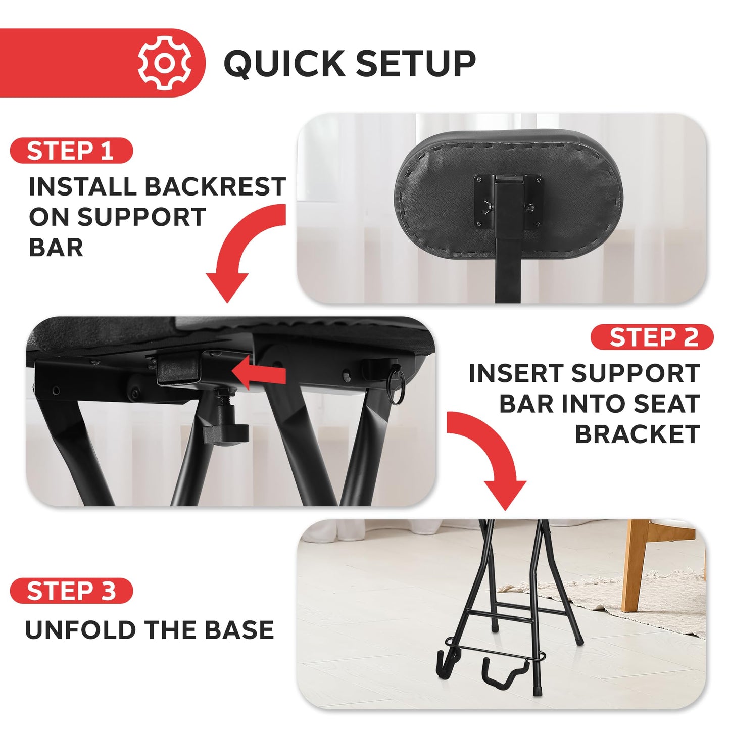 Pyle Adjustable Guitar Seat with Built-In Stand, EVA Foam Padded Cradles, Removable Backrest, Non-Slip Rubber Feet, Collapsible Design – Fits Acoustic, Electric & Bass Guitars – 300 lbs Capacity