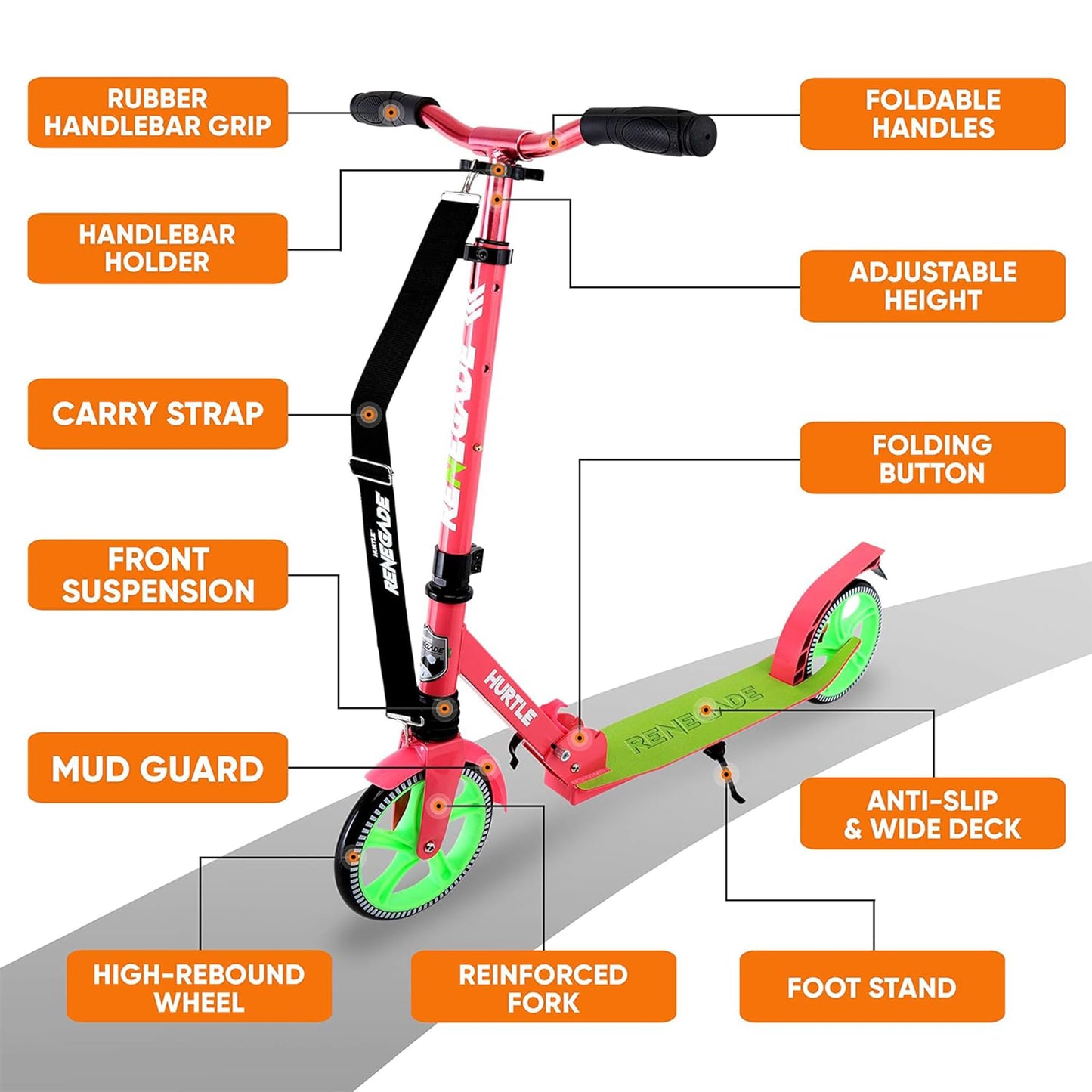 Hurtle Teenager Kick Scooter - 2 Wheel with Adjustable T-Bar Handlebar - Folding Adult with Alloy Anti-Slip Deck - 8" Smooth Gliding Wheels, Watermelon