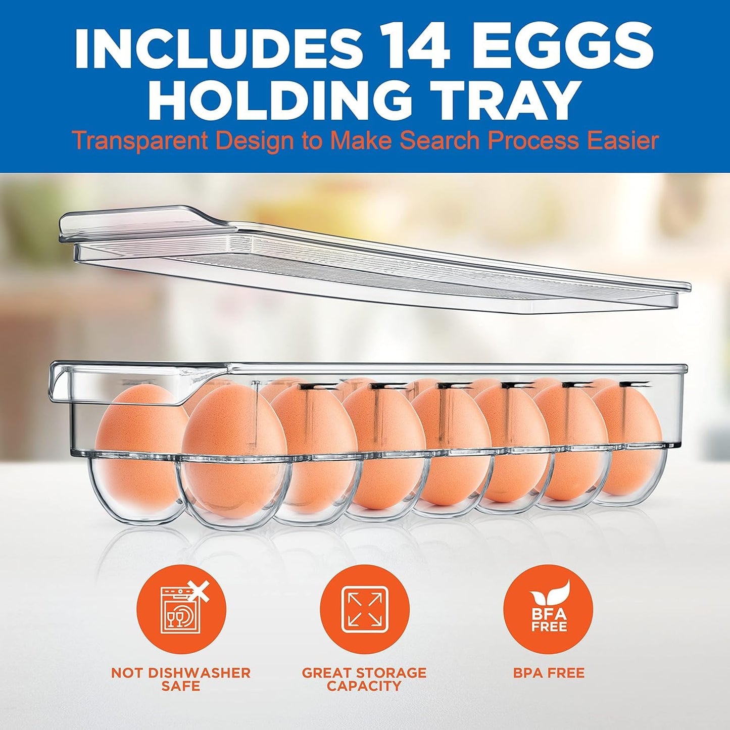 NutriChef 6-Piece Clear Refrigerator Organizer Set – 5 Wide Bins & 1 Egg Holder, BPA-Free, for Fridge, Freezer, Pantry, Cabinets & Countertops