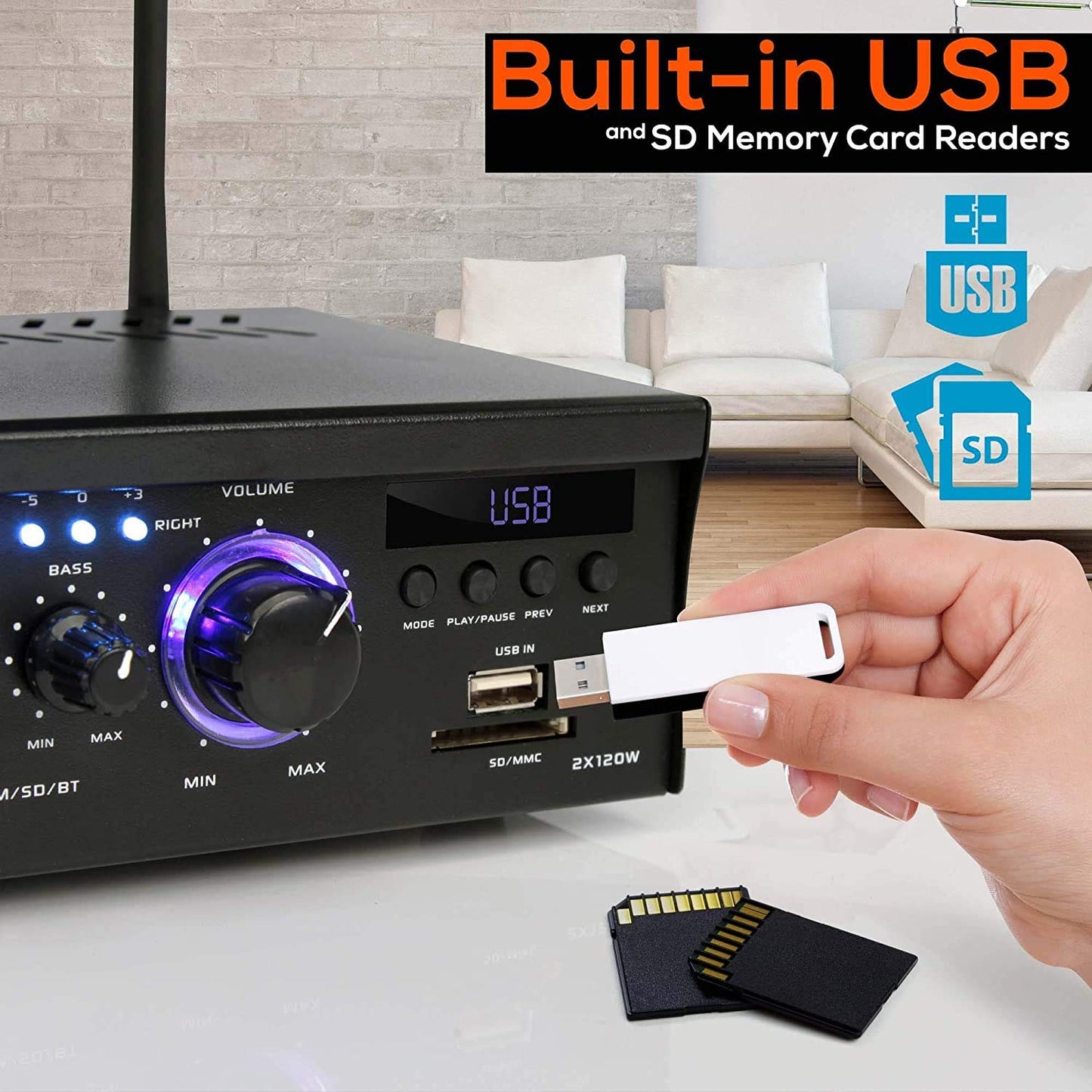Wireless Bluetooth Home Stereo Amplifier - 2x120 Watt Power Amplifier Home Audio Bluetooth Receiver System w/Blue LED Display, AM/FM Radio, USB/SD, AUX, RCA, Headphone Jack - Remote - PCAU46BA