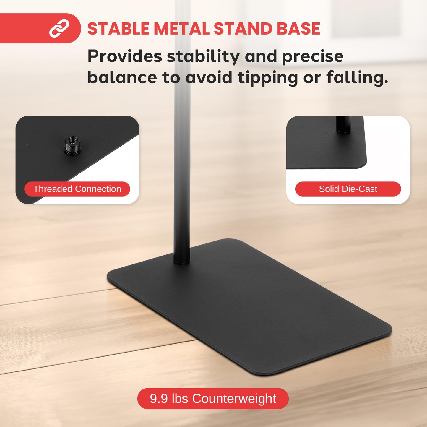 Pyle Square Base Microphone Stand with Mic Clip - Heavy Duty, Height Adjustable, 36.2" to 63.38'', Solid Die-Cast Base, Studio & Concert Use, Universal 5/8'' Adapter, Cable Clip Included