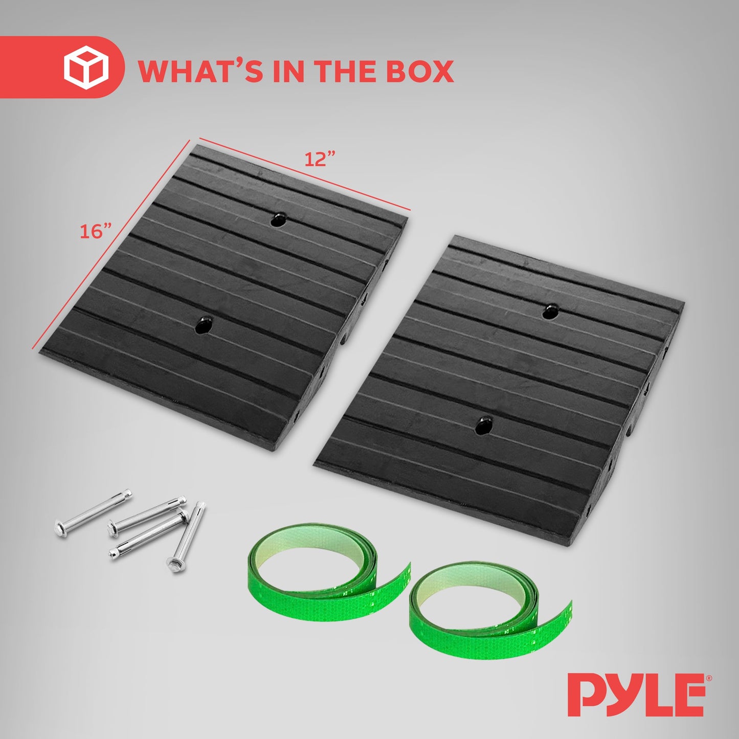 Pyle 1 Ft. Rubber Threshold Curb Ramp - Heavy Duty Non-Slip Rubber, Easy Mounting with Expansion Screws, Green Reflective Strips - Ideal for Driveways, Sidewalks, and Vehicle Ramps - 12.0"x16.0"x 2.6"
