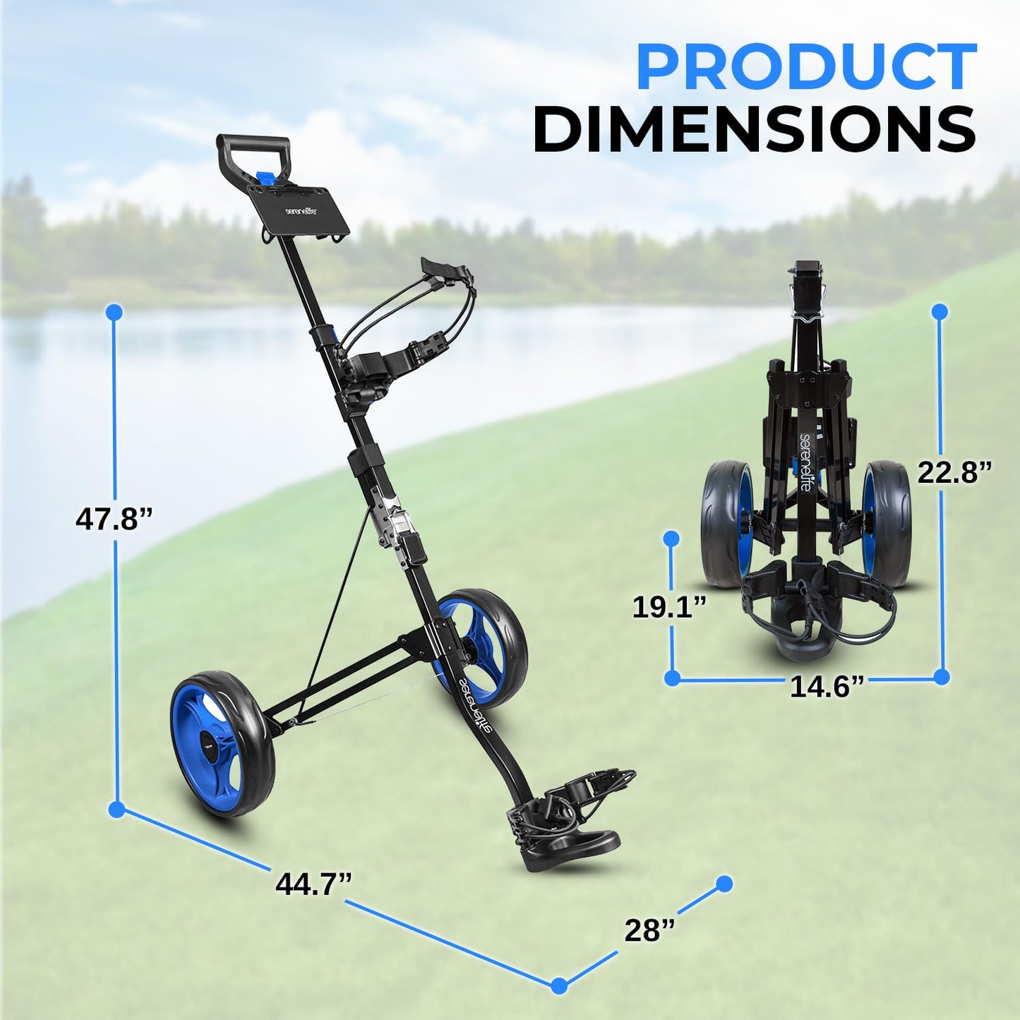 SereneLife 2-Wheel Golf Push Cart – Lightweight Foldable Aluminum Pull Trolley with Elastic Straps, Adjustable Handle, Quick Brake & Compact Design – Easy Storage Golf Caddy with 33 lb Load Capacity