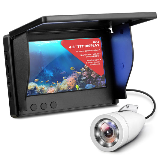 Pyle Underwater Fishing Camera, 4.3'' LCD Monitor, 1000TVL, IP68 Waterproof, 12 Infrared Lights, Removable Sun-visor, Includes Carrying Case, Ideal for Ice/Ocean/Lake Fishing