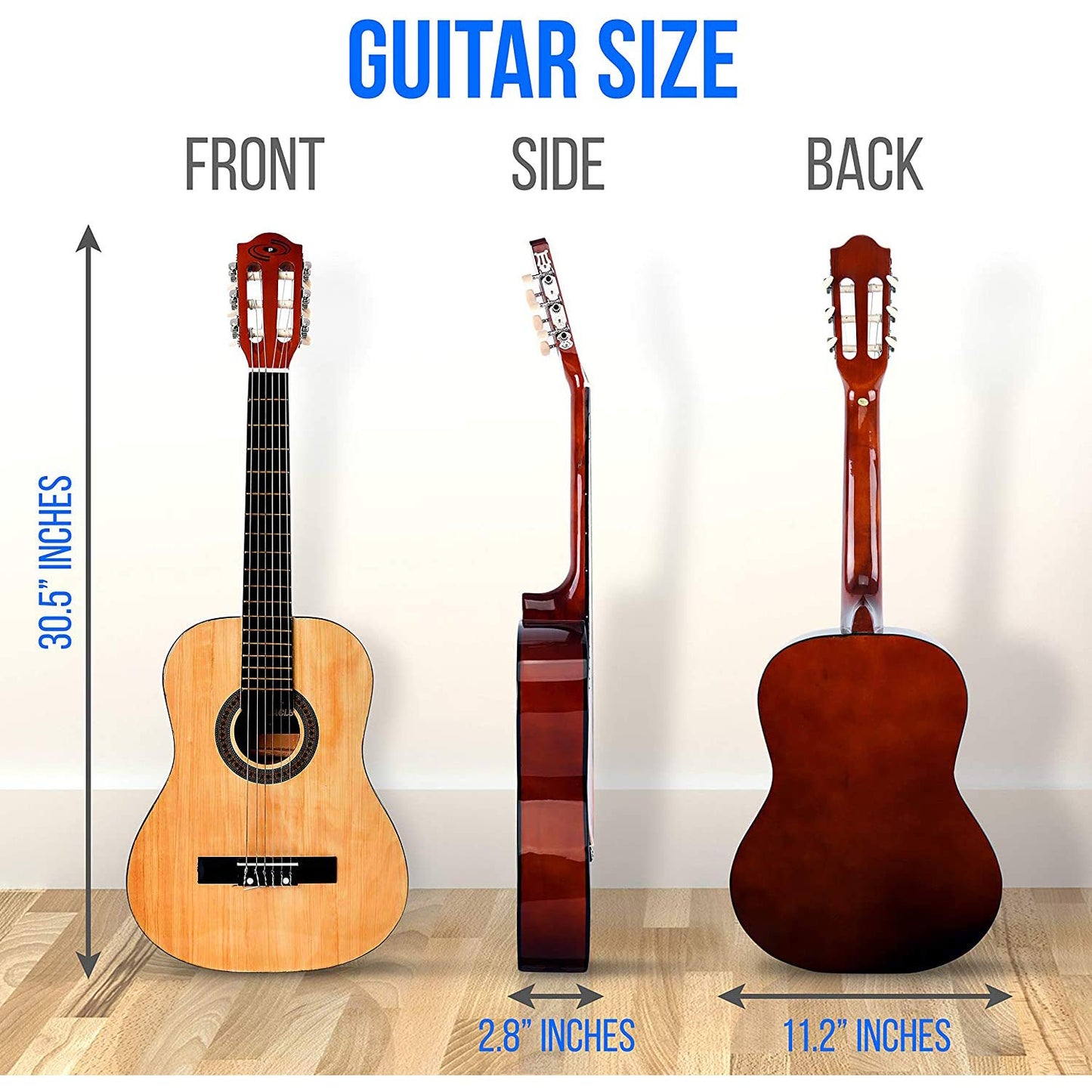 Pyle Beginner 6 String Acoustic Guitar Kit, 1/4 Junior Size Classical Instrument for Students, 30" Natural Gloss