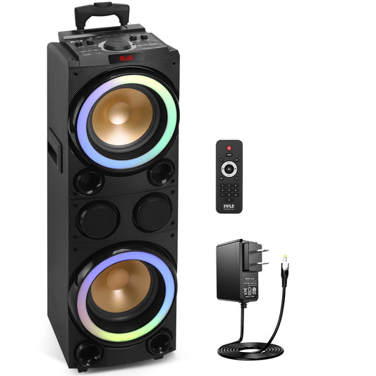 Pyle 10'' Portable Bluetooth Speaker System - Karaoke Speaker w/LED Lights, USB/Micro SD/FM/BT/Aux/Remote Control/Mic & Guitar Inputs, Built-in Rechargeable Battery w/Wheels & Handle Bar