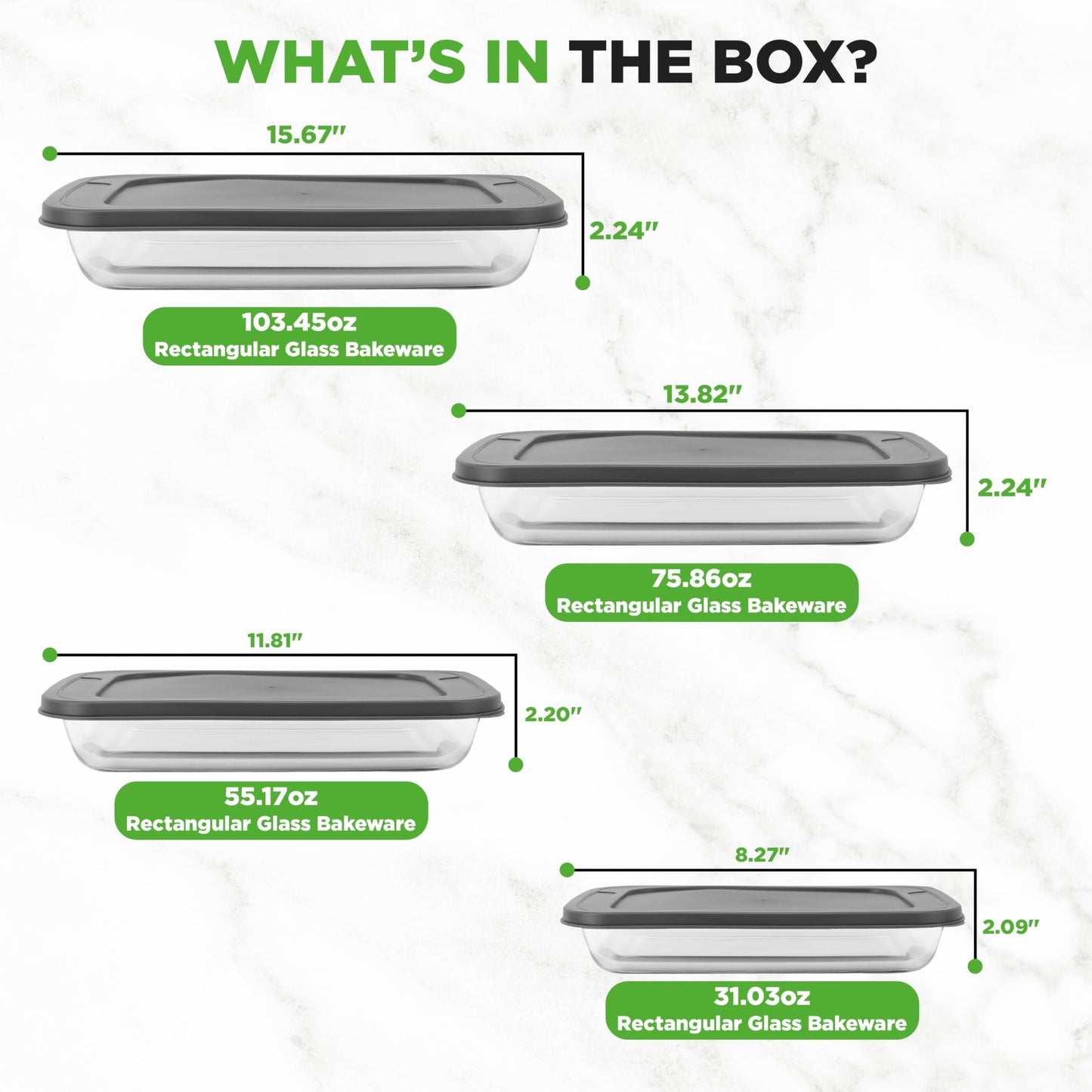 NutriChef 8-Piece Glass Baking Dish Set with Lids, (4 Stackable Rectangular Glass Dish and 4 BPA-Free Lids), Baking Pans for Lasagna, Meatloaf, Casserole, & Leftovers, Cooking, & Dishwasher Safe, Gray
