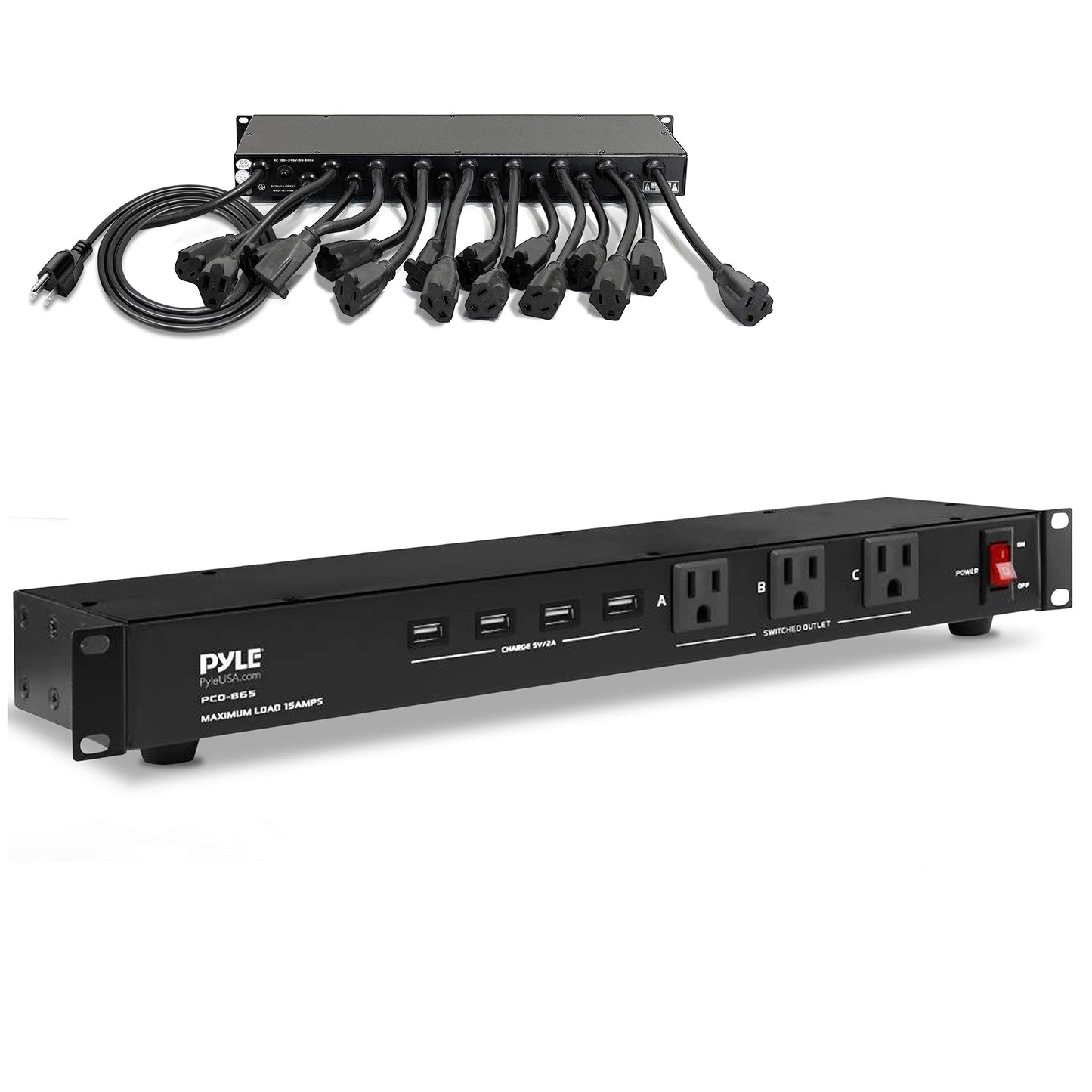 Pyle 19 Outlet 1U Rackmount Power Distribution Unit - Surge Protector - 15 Amp Circuit Breaker - 4 USB Ports - 15FT Cord - Power Supply for Servers, Audio Equipment, Home/Office Use - PCO865