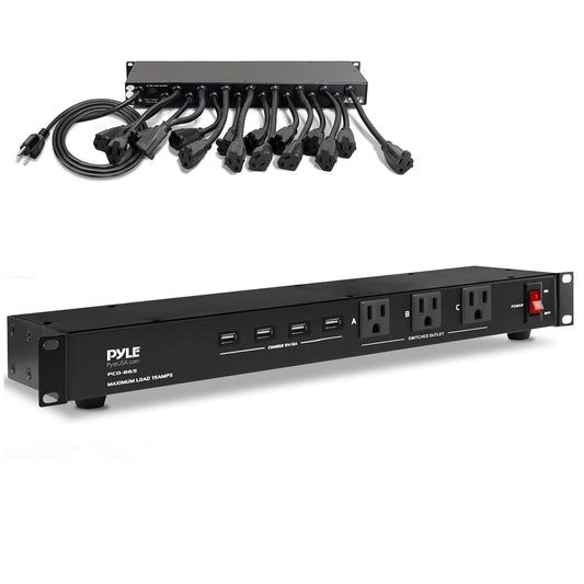Pyle 19 Outlet 1U Rackmount Power Distribution Unit - Surge Protector - 15 Amp Circuit Breaker - 4 USB Ports - 15FT Cord - Power Supply for Servers, Audio Equipment, Home/Office Use - PCO865