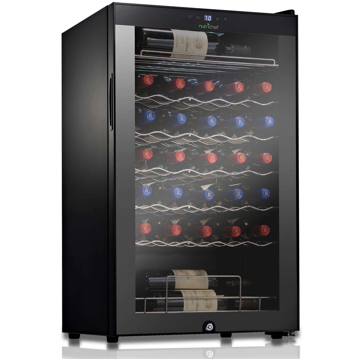 NutriChef PKCWC340 Wine Fridge, 34 Bottle Single Zone Beverage Chiller, 93.5L Capacity, 33x19x17 IN, Black