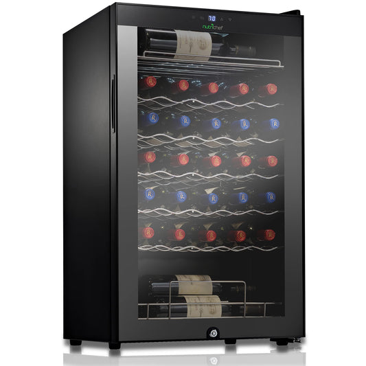 NutriChef PKCWC340 Wine Fridge, 34 Bottle Single Zone Beverage Chiller, 93.5L Capacity, 33x19x17 IN, Black