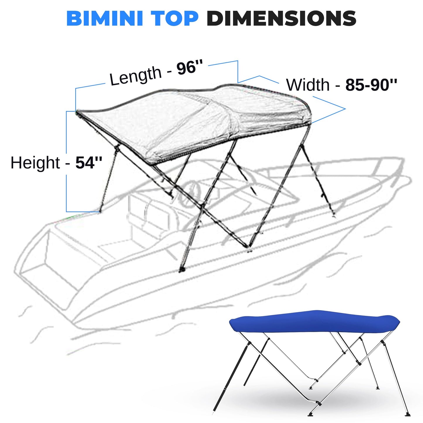 SereneLife 3 Bow Bimini Top Boat Cover –72'' x 85-90'' x 46'', Durable 1" Aluminum Frame, Waterproof & UV-Resistant, Easy Install with Front Straps, Rear Support Arms & Free Storage Boot (Blue)