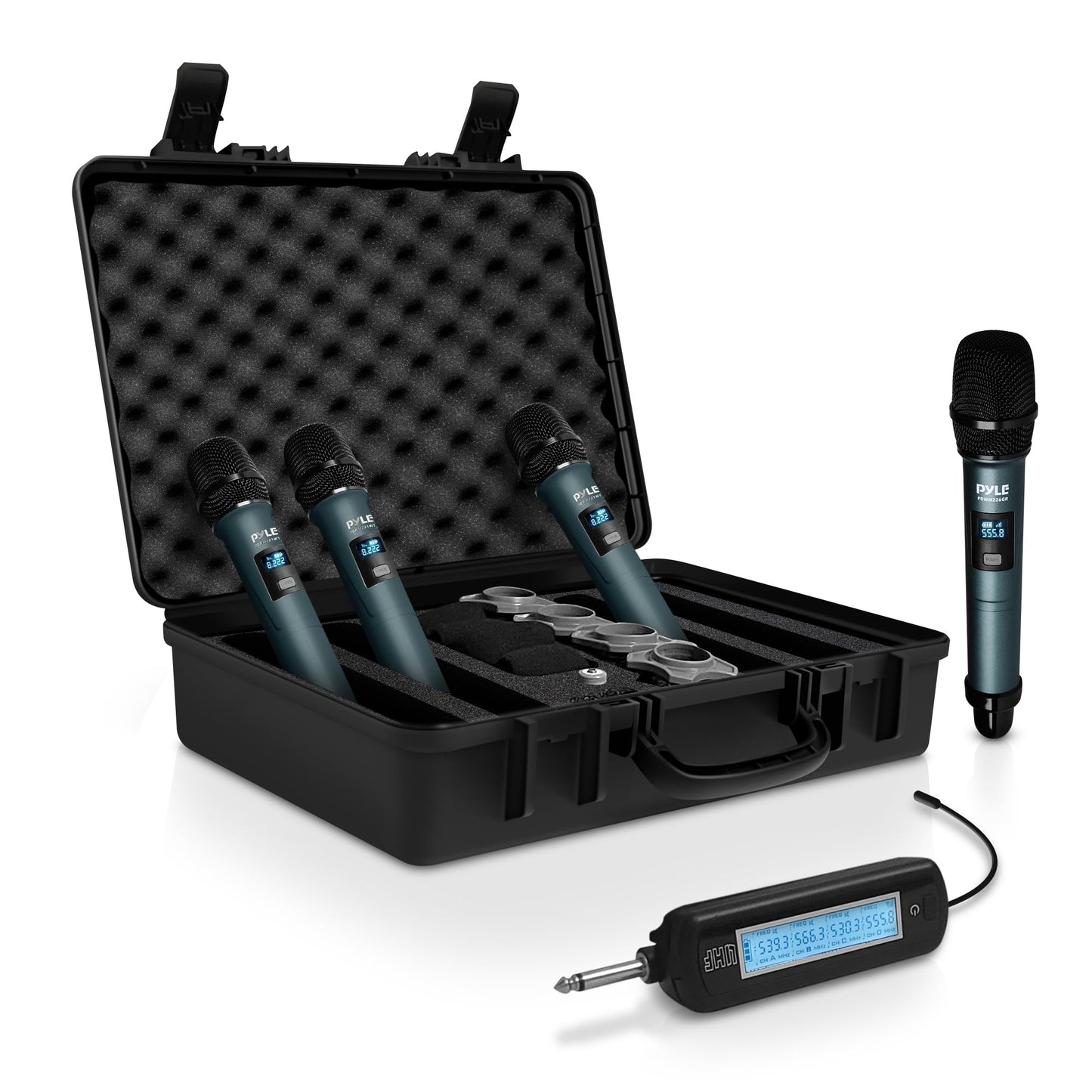 Pyle 4 Channel Wireless Microphone System, Portable UHF Band Receiver System, Independent Channel Controls, RF Signal LCD Indicator, Digital Audio Microphone Set with 4 Handheld Microphones (Green)
