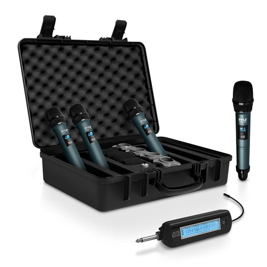 Pyle 4 Channel Wireless Microphone System, Portable UHF Band Receiver System, Independent Channel Controls, RF Signal LCD Indicator, Digital Audio Microphone Set with 4 Handheld Microphones (Green)