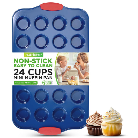 NutriChef 17” Nonstick Mini Muffin Pan - Premium Carbon Steel 24 Cup Baking Tray w/ Red Silicone Handles, Easy to Clean Mini Cupcake Bakewear - Dishwasher Safe, Blue