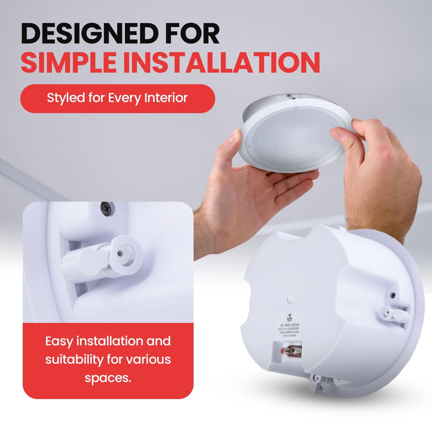 Pyle Ceiling Wall Mount Enclosed Speaker - 250 Watt Stereo In-wall / In-ceiling 8" Enclosed Full Range Mid-Bass Speaker System - 50Hz - 20kHz Frequency Response, 4-8 Ohm, Flush Mount - Pyle PDPC82 (Pair), 8.0'',White