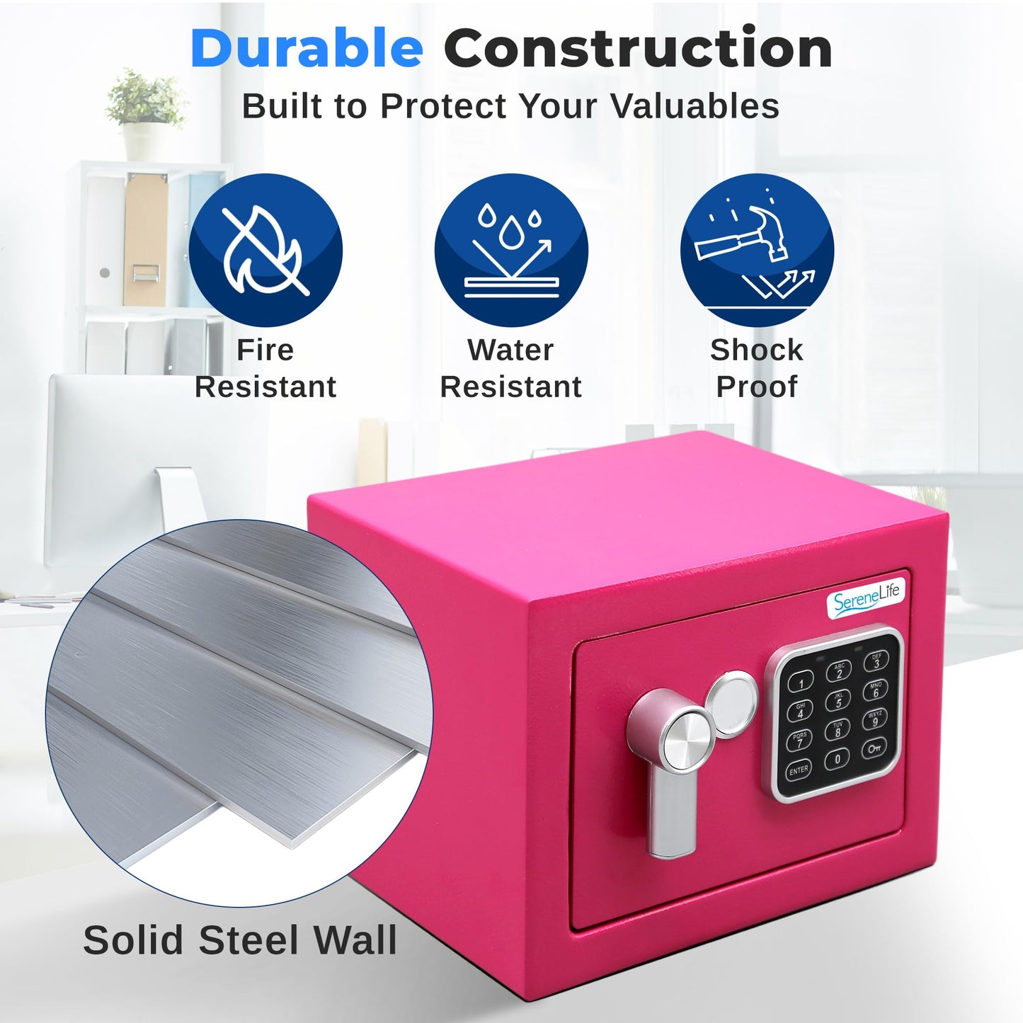 SereneLife Heavy Duty Electronic Safe Box | 9.1 x 6.7' Digital Lockbox with Code 2 Keys | Small Safe for Home/Office, Secure Cash, Jewelry, Firearms | Wall/Floor Mountable