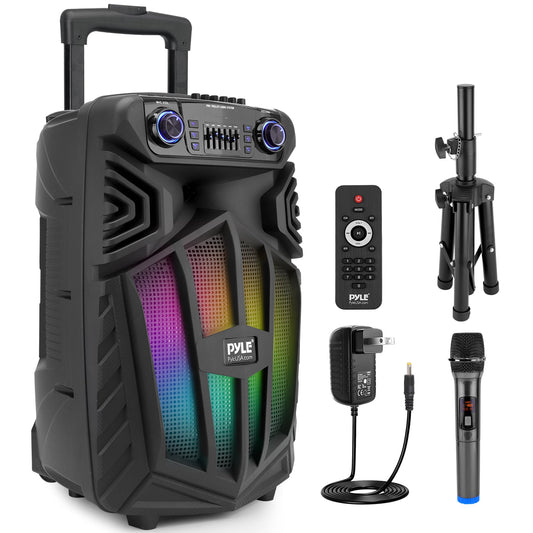 Pyle 1680W Portable Bluetooth PA Speaker - 15" Rechargeable Outdoor Karaoke Party Speaker, Audio System w/Wireless Mic and Wheels, TWS, Party Lights, LED Display, 6.5mm Mic Input, FM/AUX/MP3/USB/SD