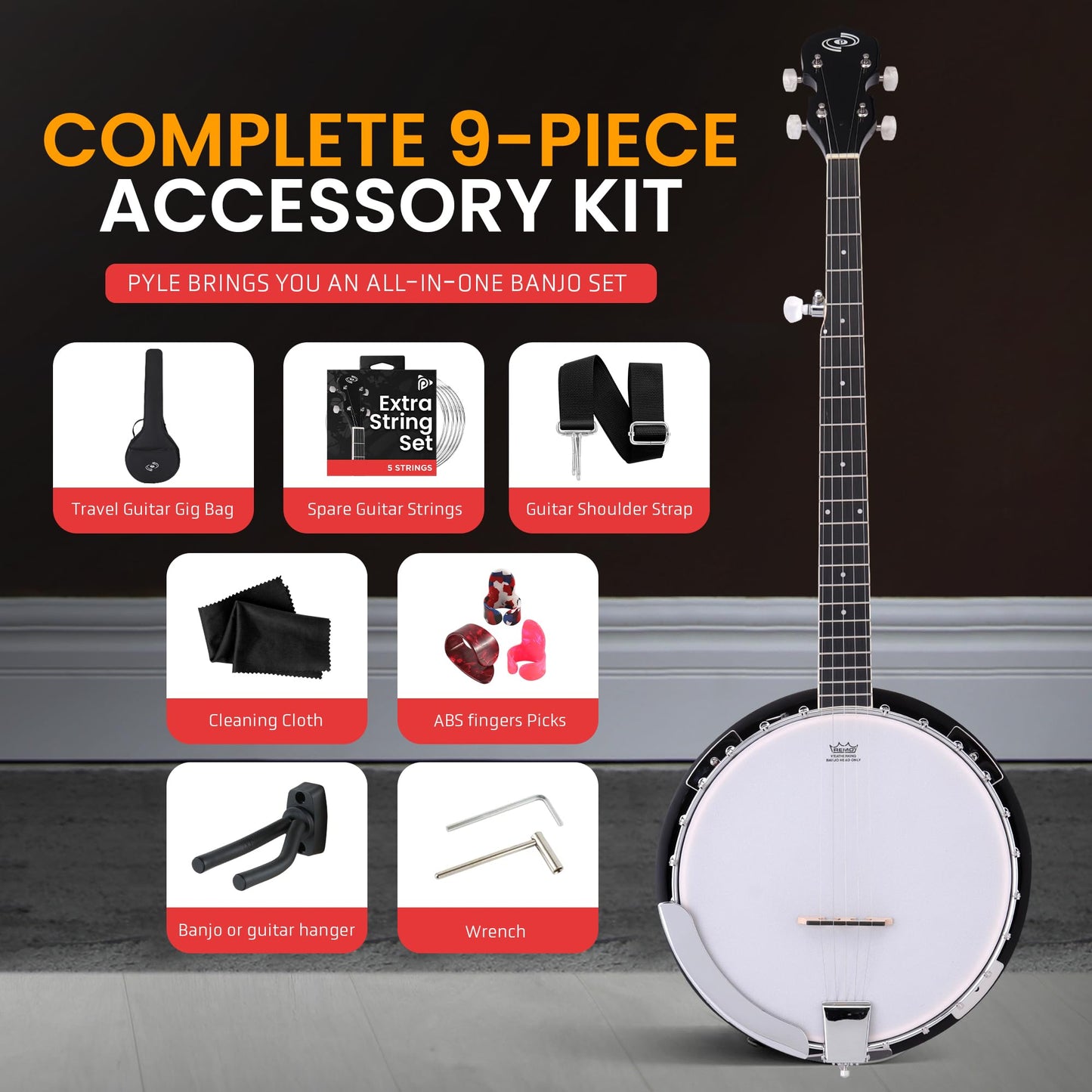 Pyle Banjo Kit with Remo Head and Sapele Resonator, 39" Full Size Traditional Open or Closed Back 5 String Instrument with 24 Brackets, Geared 5th Tuner, Premium Accessory Kit (Red Burst)