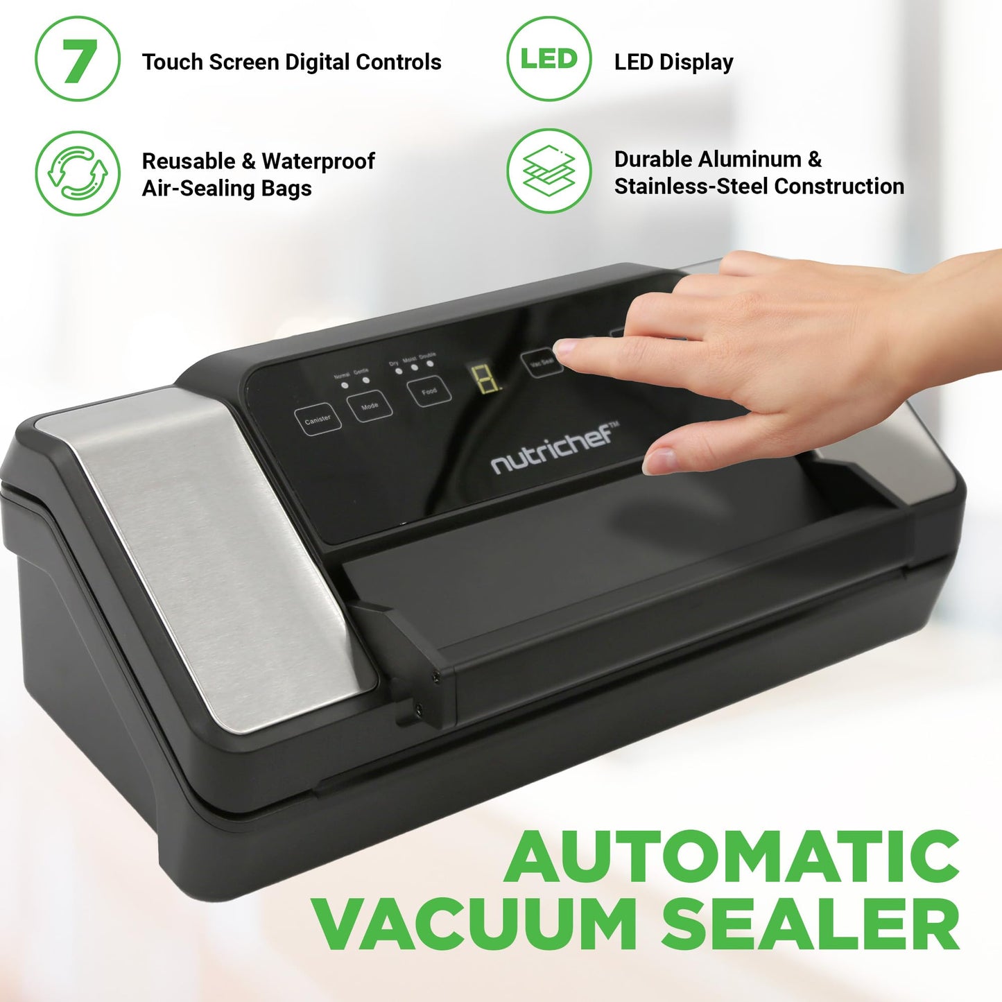 NutriChef Vacuum Sealer for Food (80Kpa) – Dry, Moist & Pulse Modes, Dual Seal, Built-in Roll Storage & Cutter, High-Power Suction, Durable Design, Includes Canister Hose & Bags