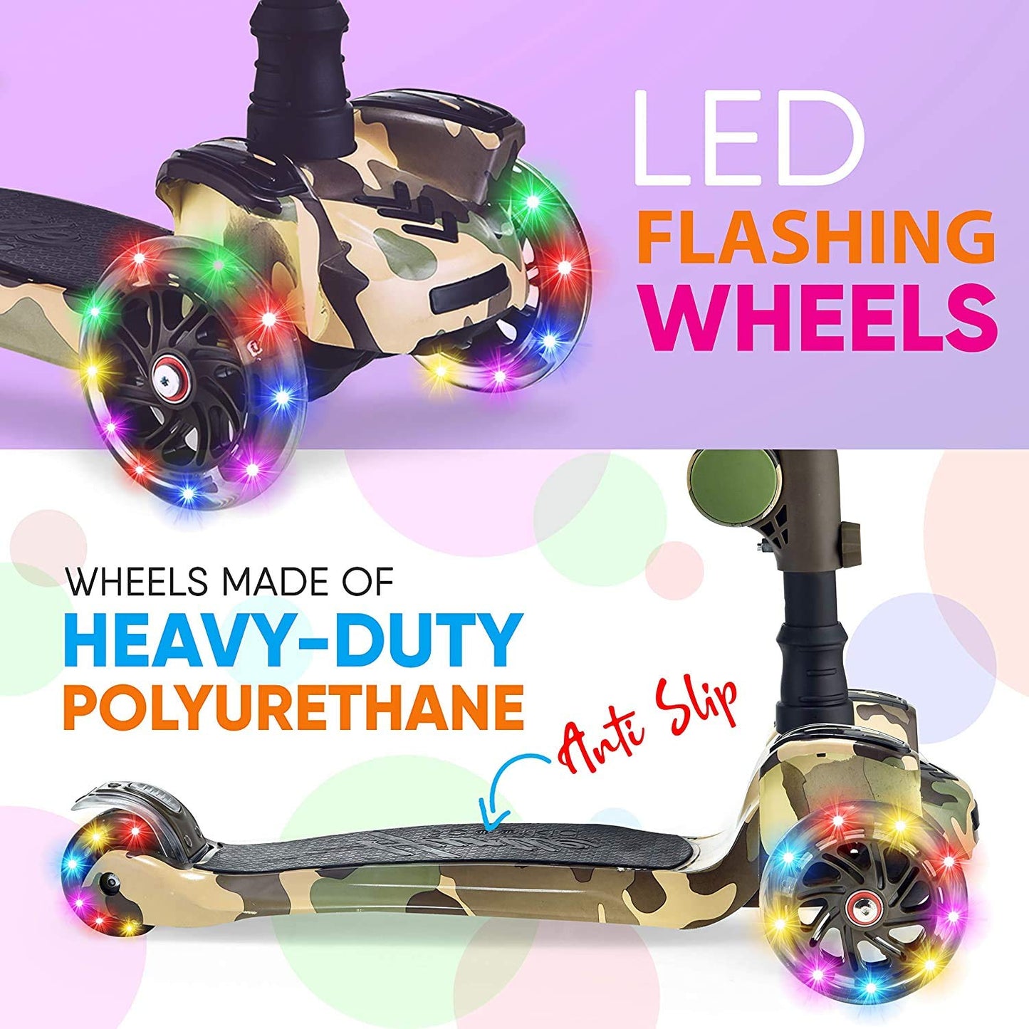 Hurtle Kids Scooter - Child Toddler Kick Scooter Toy with Foldable Seat - 3 Wheel Scooter with Adjustable Height, Anti-Slip Deck, Flashing Wheel Lights, for Boys/Girls 1-12 Year Old, Camouflage