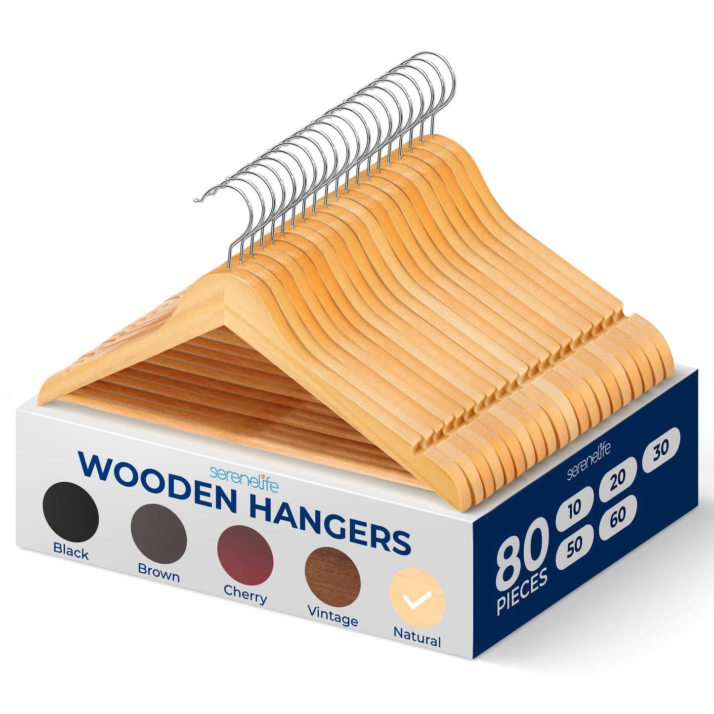 SereneLife 80-Pack Solid Wooden Hangers – Heavy Duty Natural Wood with 360° Swivel Hook, Shoulder Notches & Pants Bar – Space-Saving Design for Suits, Jackets, Dresses, Shirts & More