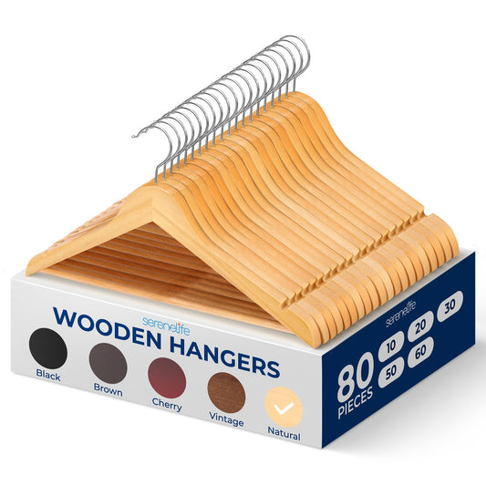 SereneLife 80-Pack Solid Wooden Hangers – Heavy Duty Natural Wood with 360° Swivel Hook, Shoulder Notches & Pants Bar – Space-Saving Design for Suits, Jackets, Dresses, Shirts & More