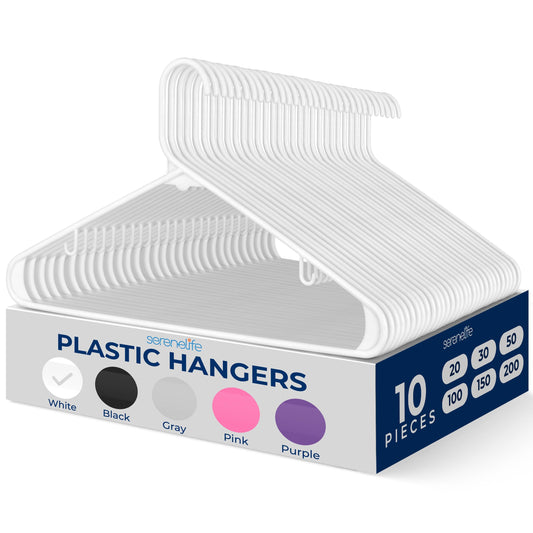 SereneLife Premium 10 Pack Plastic Hangers, Lightweight, Durable, Space Saving Clothes Organizers, Suitable for Shirts, Sweaters, Hoodies, Dresses, Kids Clothes, Good for Home Organization (White)