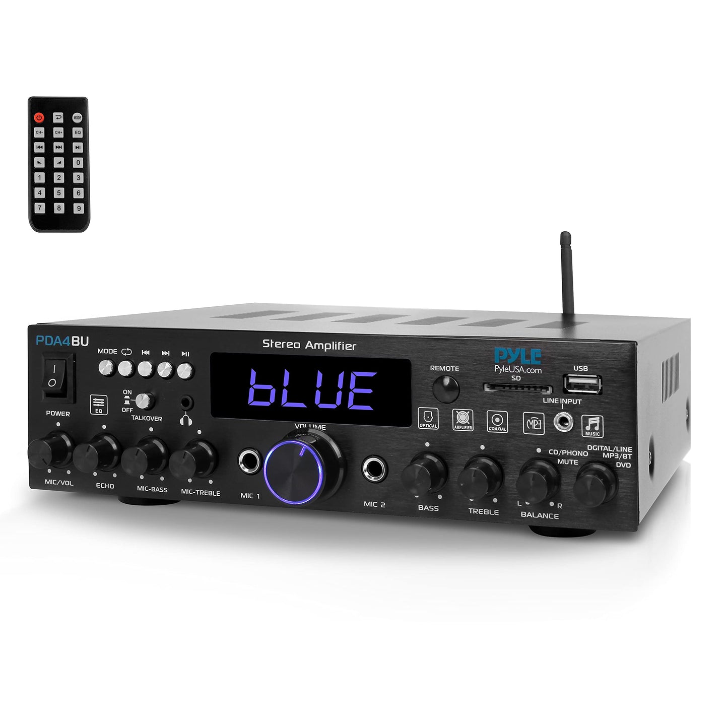 Pyle 200W Wireless Bluetooth Home Stereo Amplifier - Multi-Channel Audio Receiver with Optical - Phono - Coaxial - FM - USB/SD - AUX - RCA - 2 Mic Inputs - ‘Talk-Over’ - Antenna - Remote - PDA4BU