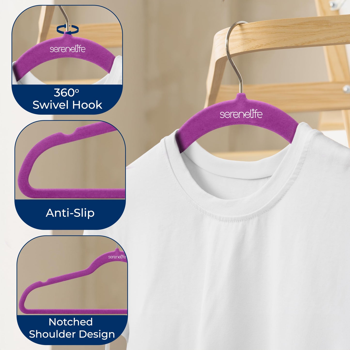 SereneLife 100 Pack Velvet Hangers - Non-Slip Felt with 360° Swivel Hook, Space-Saving, Ultra-Thin, Lightweight for Shirts, Sweaters, Hoodies, Kids Clothes & Dresses