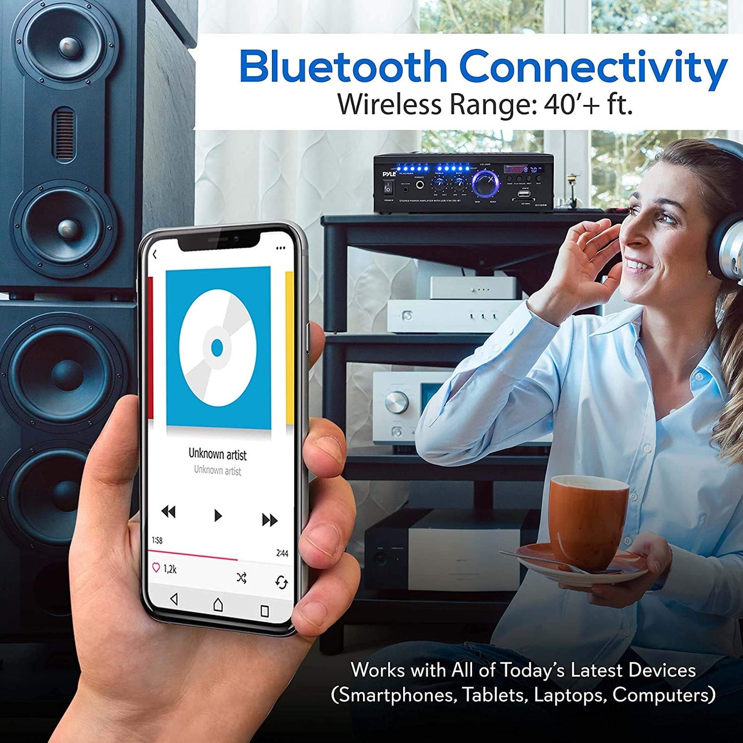 Wireless Bluetooth Home Stereo Amplifier - 2x120 Watt Power Amplifier Home Audio Bluetooth Receiver System w/Blue LED Display, AM/FM Radio, USB/SD, AUX, RCA, Headphone Jack - Remote - PCAU46BA