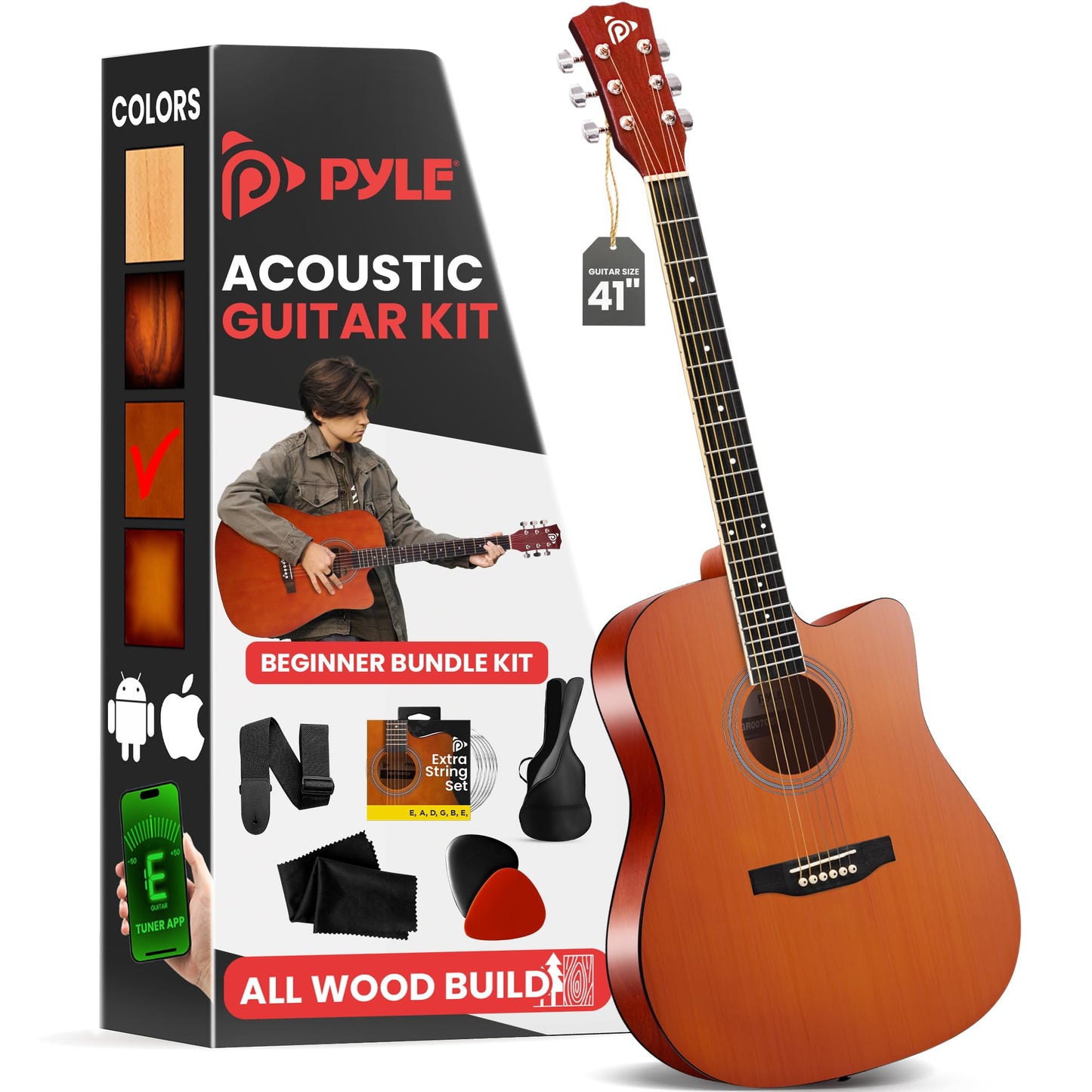 Pyle Steel String Acoustic Guitar Kit, 4/4 Full Size Cutaway All-Wood Guitarra Acustica with Premium Accessory Set and Upgraded Gig Bag, 41" Brown Glossy