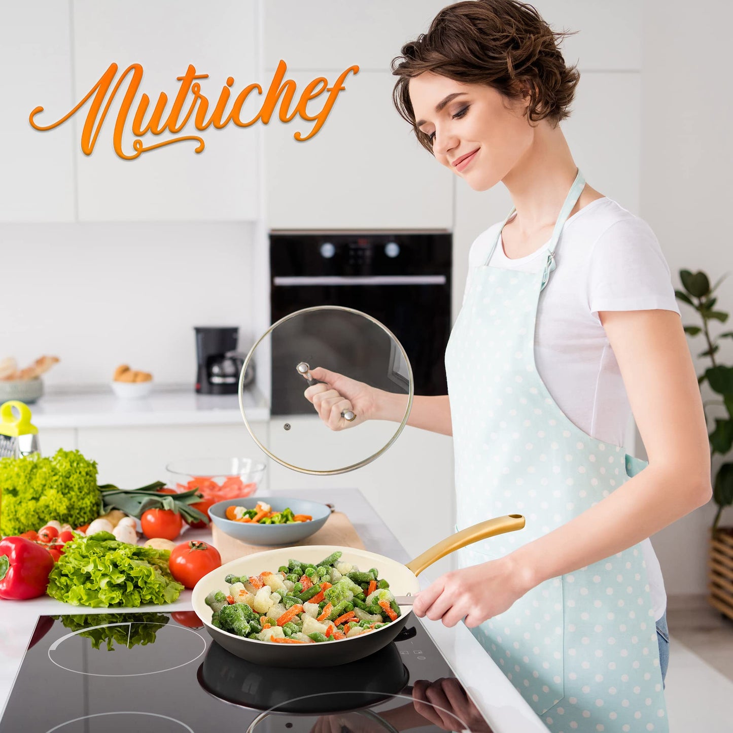 NutriChef 12-Inch Professional Ceramic Frying Pan - Large Skillet with Golden Titanium Handle, Non-Stick Ceramic Coating, Stain-Resistant, Easy to Clean, Ideal for Home Cooking